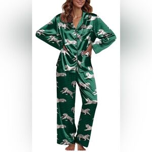 Silk Satin Pajamas set Green animal